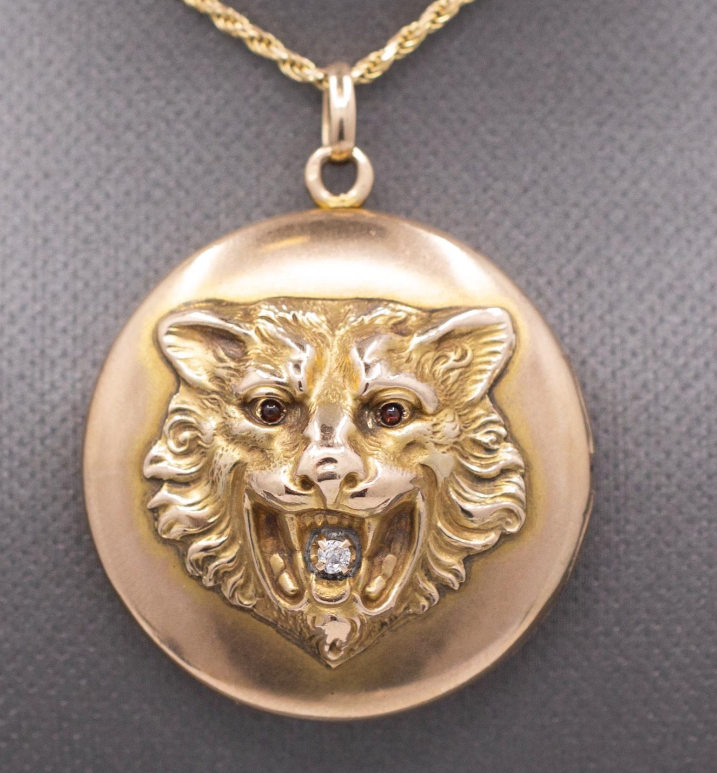Exquisite Antique Victorian Lion's Head Locket with Old Mine Cut Diamond in 10k Yellow Gold