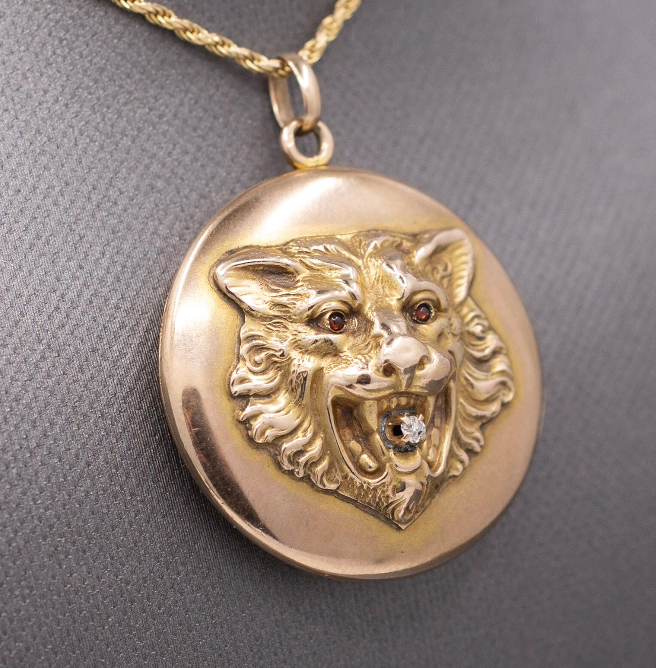 Exquisite Antique Victorian Lion's Head Locket with Old Mine Cut Diamond in 10k Yellow Gold