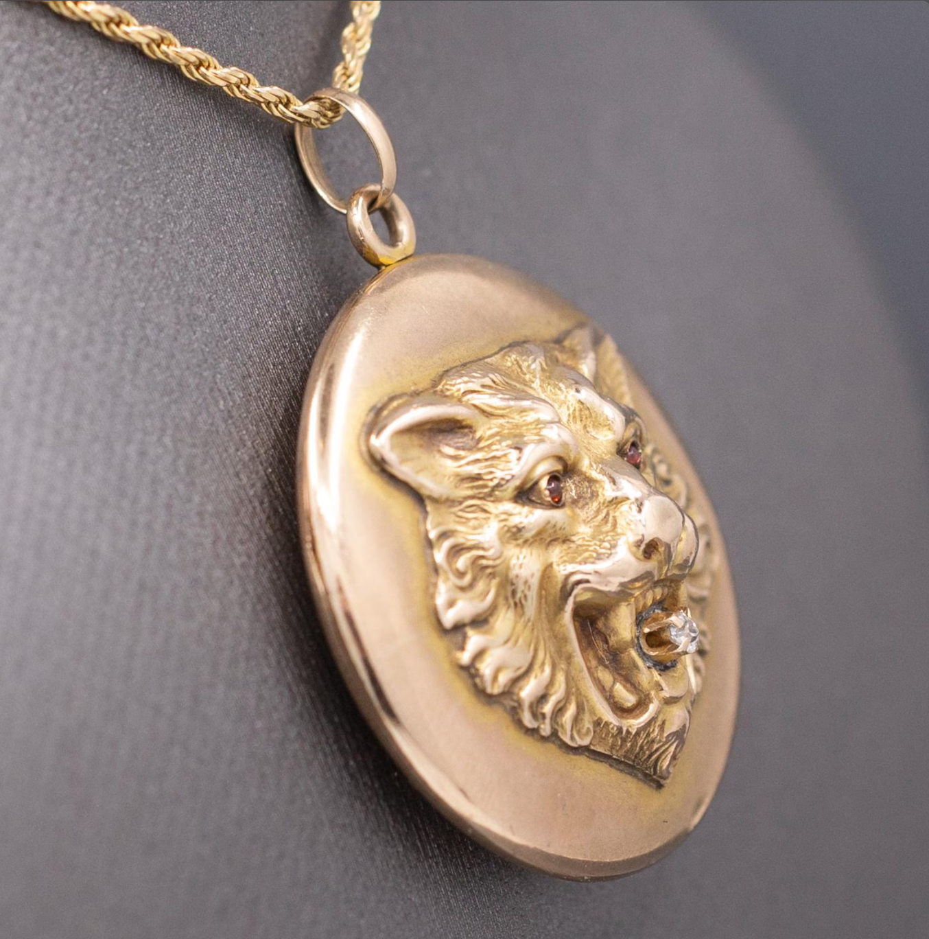 Exquisite Antique Victorian Lion's Head Locket with Old Mine Cut Diamond in 10k Yellow Gold