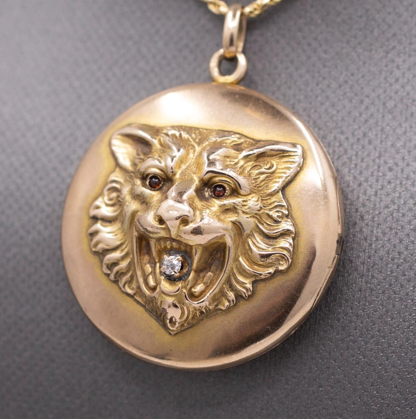 Exquisite Antique Victorian Lion's Head Locket with Old Mine Cut Diamond in 10k Yellow Gold