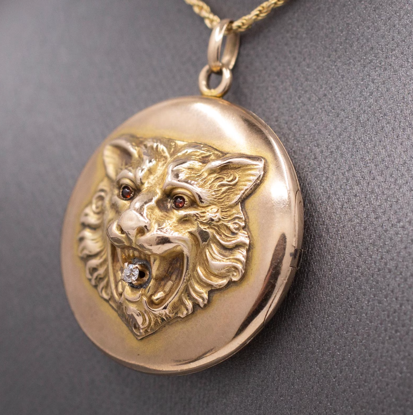 Exquisite Antique Victorian Lion's Head Locket with Old Mine Cut Diamond in 10k Yellow Gold