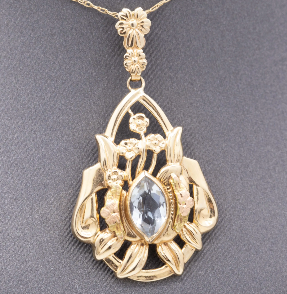 Vintage Bezel Set Aquamarine Pendant Necklace in 14k Yellow Gold