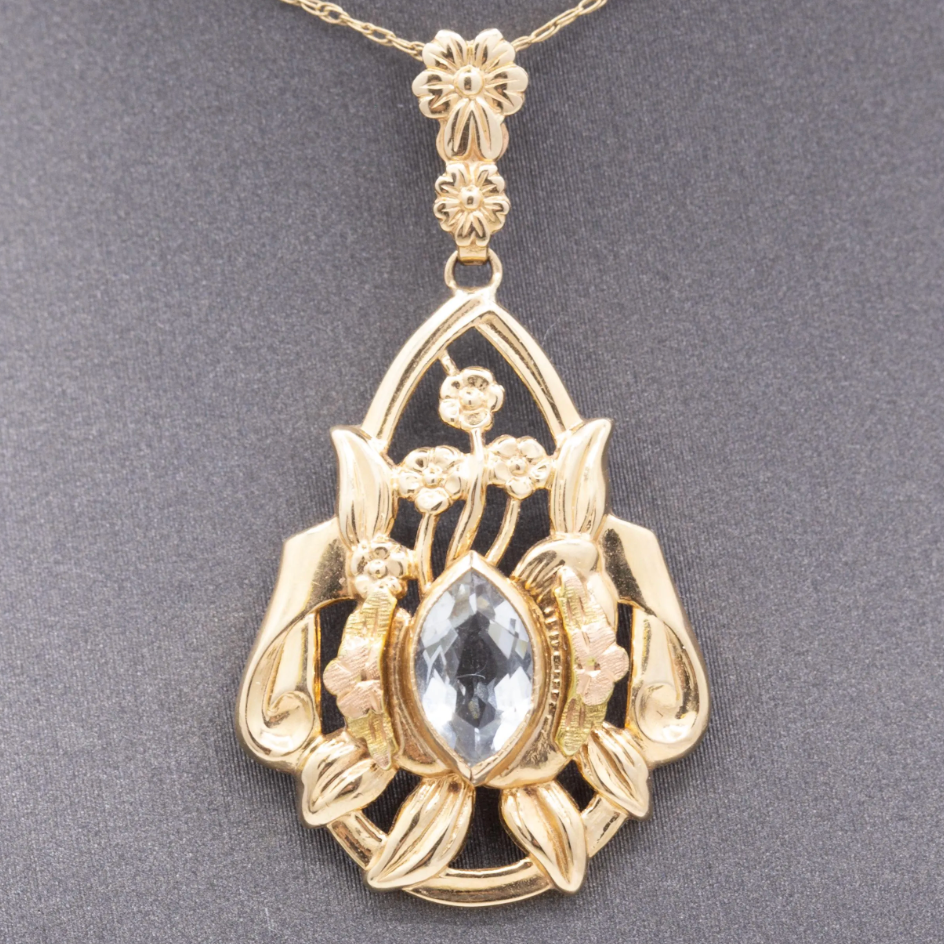 Vintage Bezel Set Aquamarine Pendant Necklace in 14k Yellow Gold