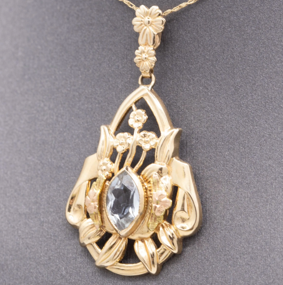 Vintage Bezel Set Aquamarine Pendant Necklace in 14k Yellow Gold