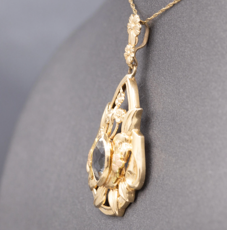 Vintage Bezel Set Aquamarine Pendant Necklace in 14k Yellow Gold