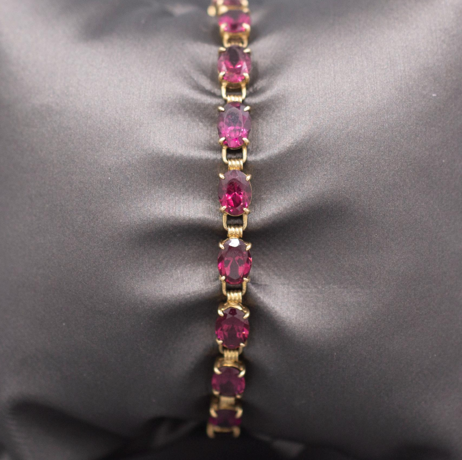 Sparkling Vintage Rhodolite Garnet Tennis Bracelet in 14k Yellow Gold