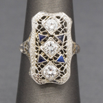 Art Deco Sapphire and Diamond Filigree Style Dinner Ring in 14k White Gold