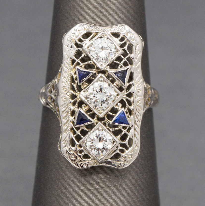 Art Deco Sapphire and Diamond Filigree Style Dinner Ring in 14k White Gold