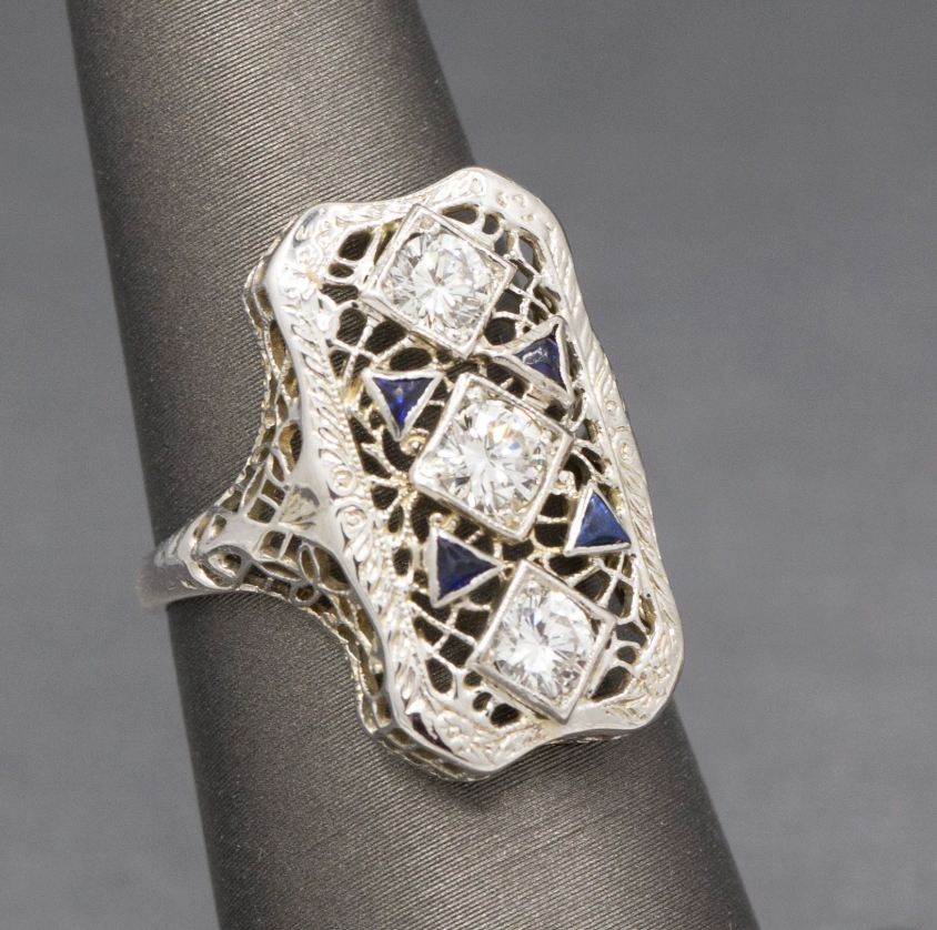 Art Deco Sapphire and Diamond Filigree Style Dinner Ring in 14k White Gold