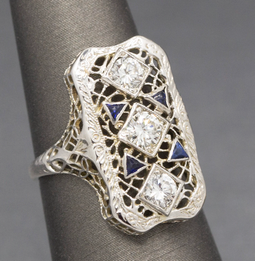 Art Deco Sapphire and Diamond Filigree Style Dinner Ring in 14k White Gold