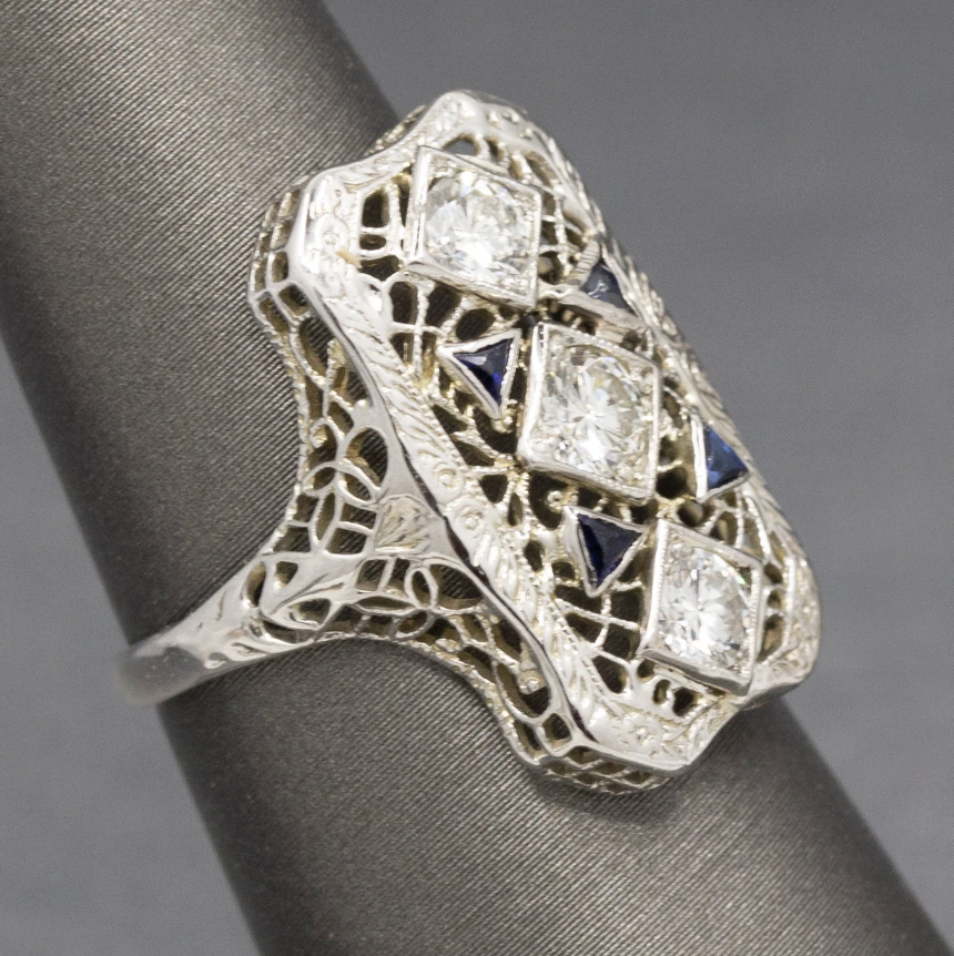 Art Deco Sapphire and Diamond Filigree Style Dinner Ring in 14k White Gold