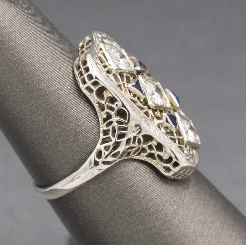 Art Deco Sapphire and Diamond Filigree Style Dinner Ring in 14k White Gold