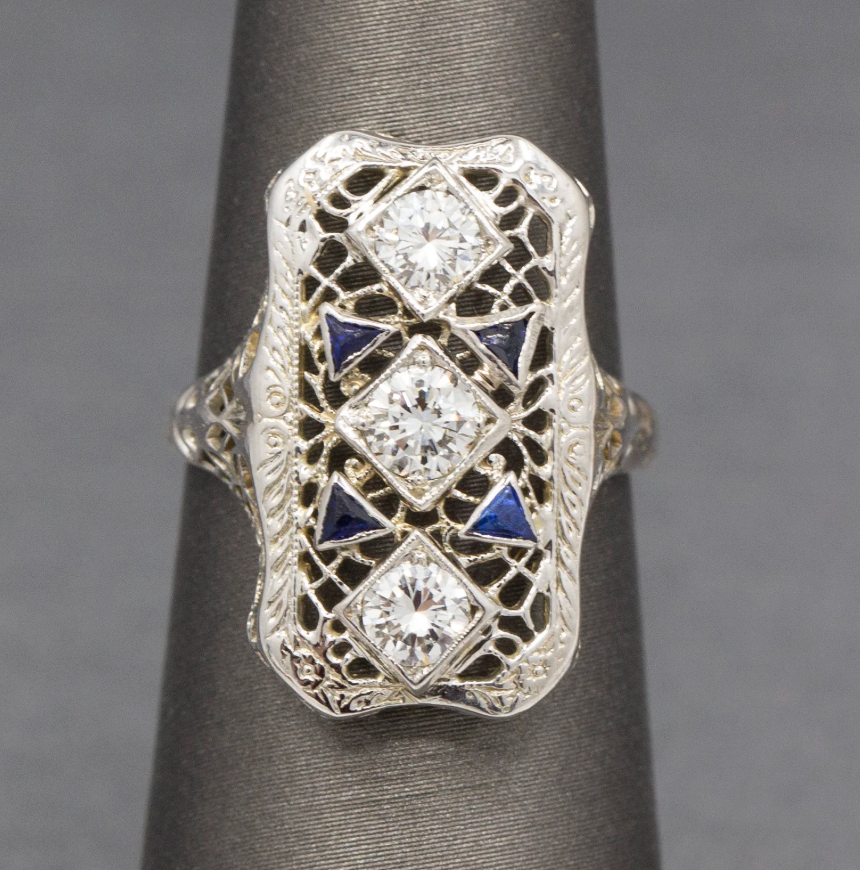 Art Deco Sapphire and Diamond Filigree Style Dinner Ring in 14k White Gold