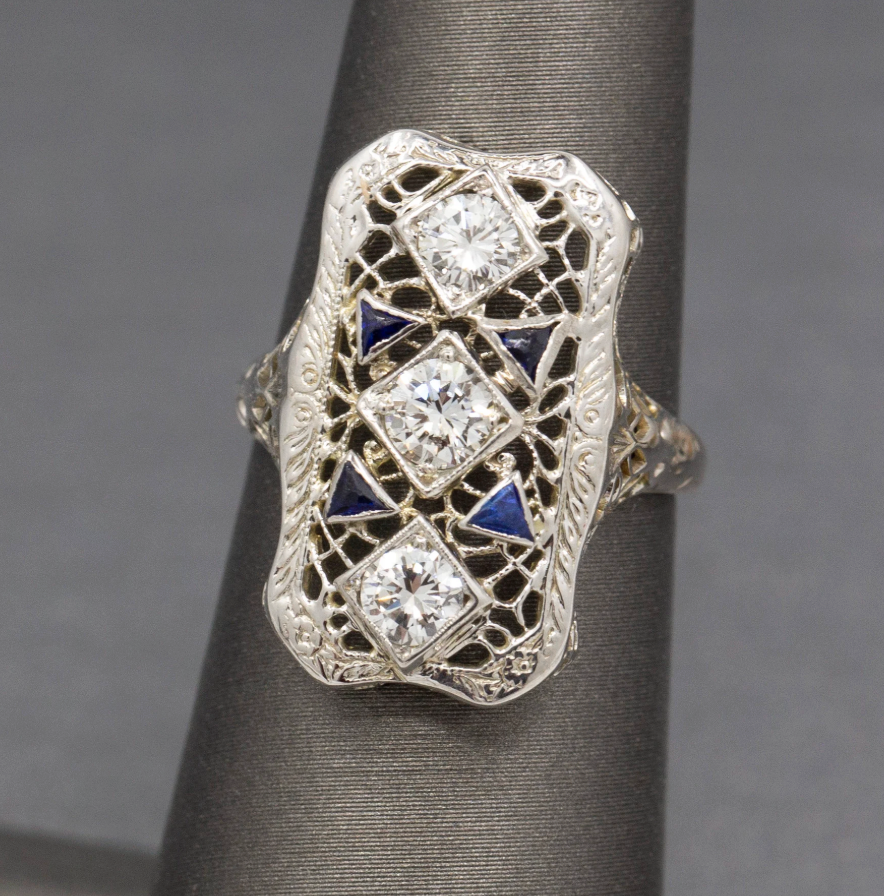 Art Deco Sapphire and Diamond Filigree Style Dinner Ring in 14k White Gold