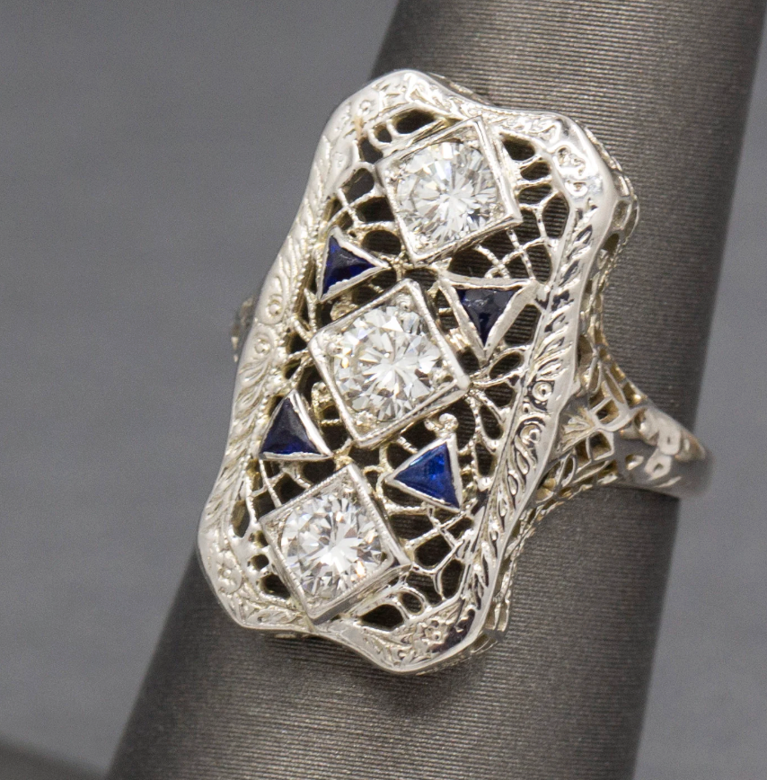 Art Deco Sapphire and Diamond Filigree Style Dinner Ring in 14k White Gold
