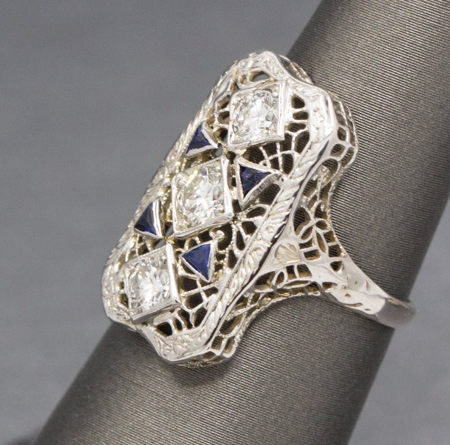Art Deco Sapphire and Diamond Filigree Style Dinner Ring in 14k White Gold
