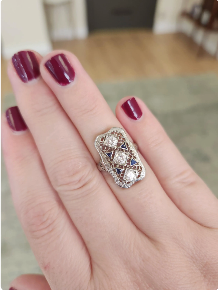 Art Deco Sapphire and Diamond Filigree Style Dinner Ring in 14k White Gold