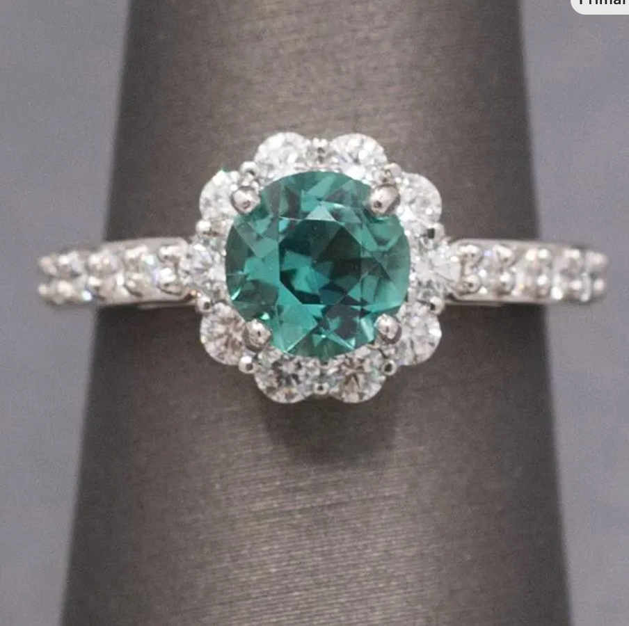 Handcrafted Lagoon Teal Tourmaline and Diamond Ring in 14k White Gold
