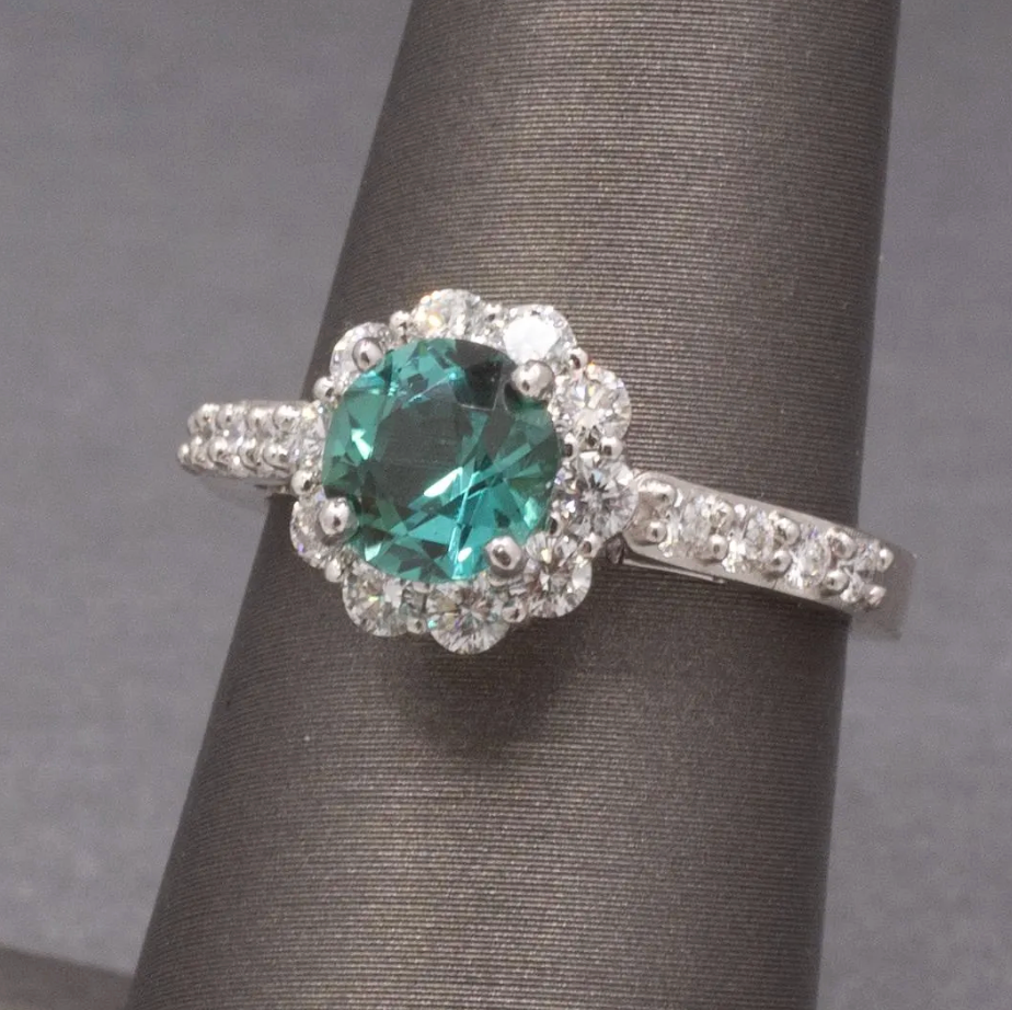 Handcrafted Lagoon Teal Tourmaline and Diamond Ring in 14k White Gold