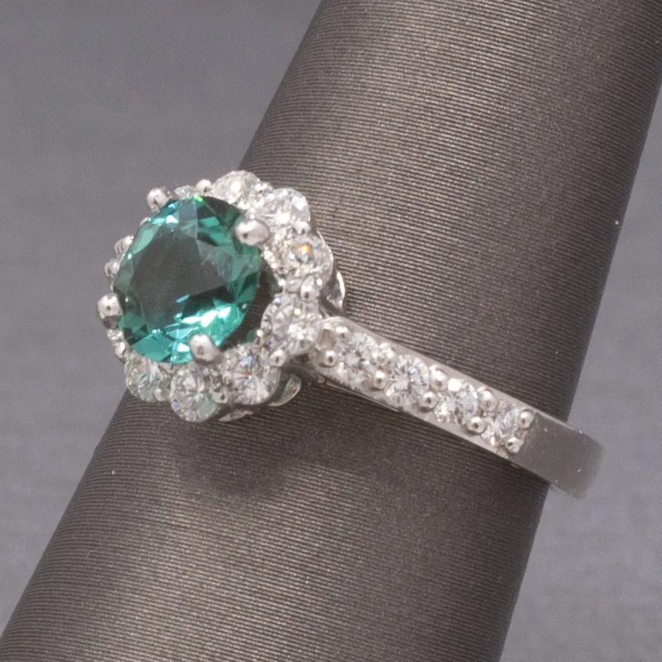 Handcrafted Lagoon Teal Tourmaline and Diamond Ring in 14k White Gold
