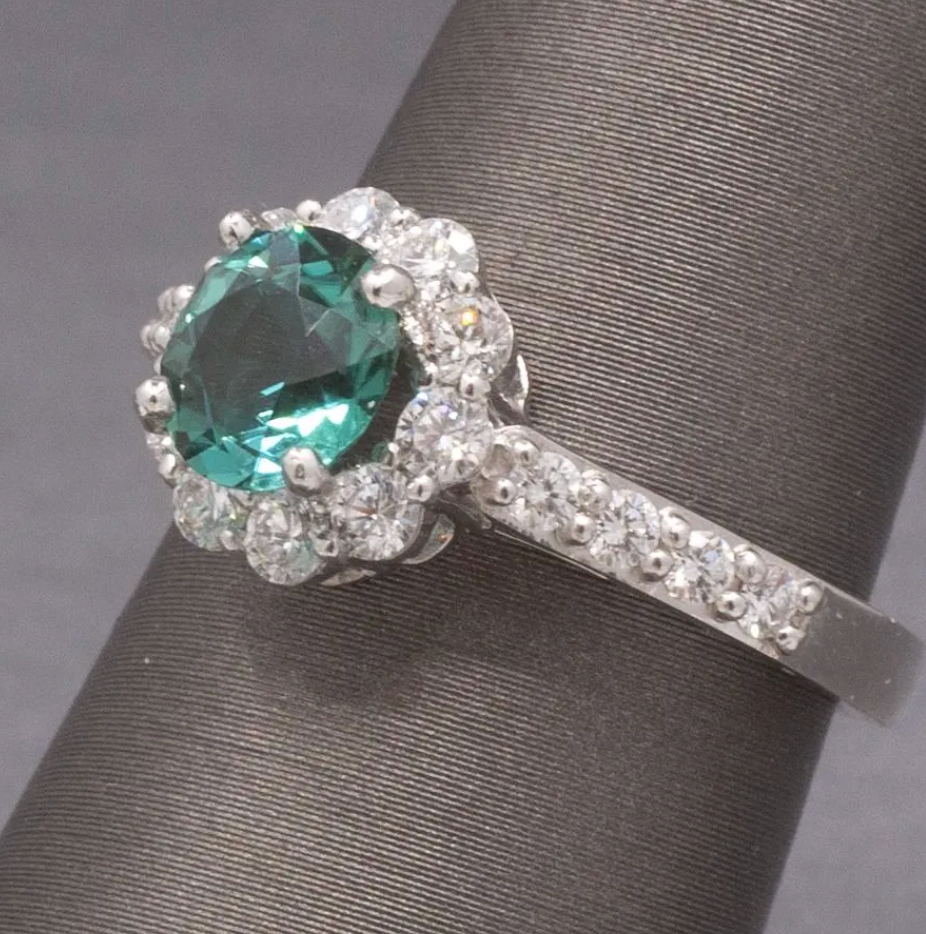 Handcrafted Lagoon Teal Tourmaline and Diamond Ring in 14k White Gold
