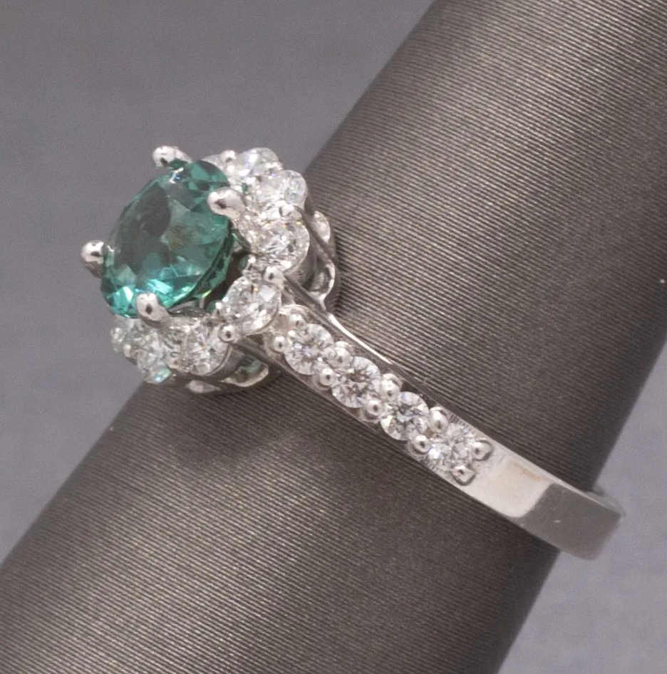 Handcrafted Lagoon Teal Tourmaline and Diamond Ring in 14k White Gold