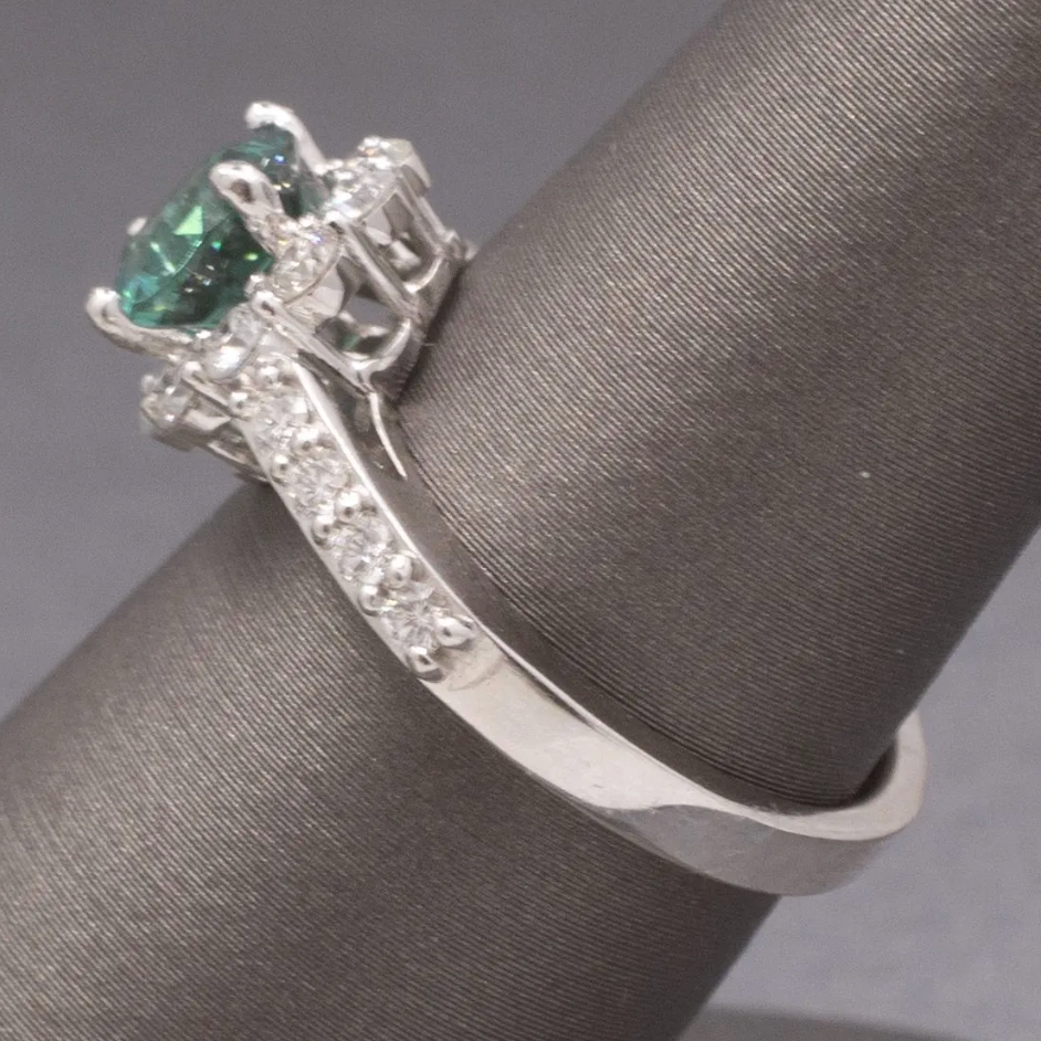 Handcrafted Lagoon Teal Tourmaline and Diamond Ring in 14k White Gold