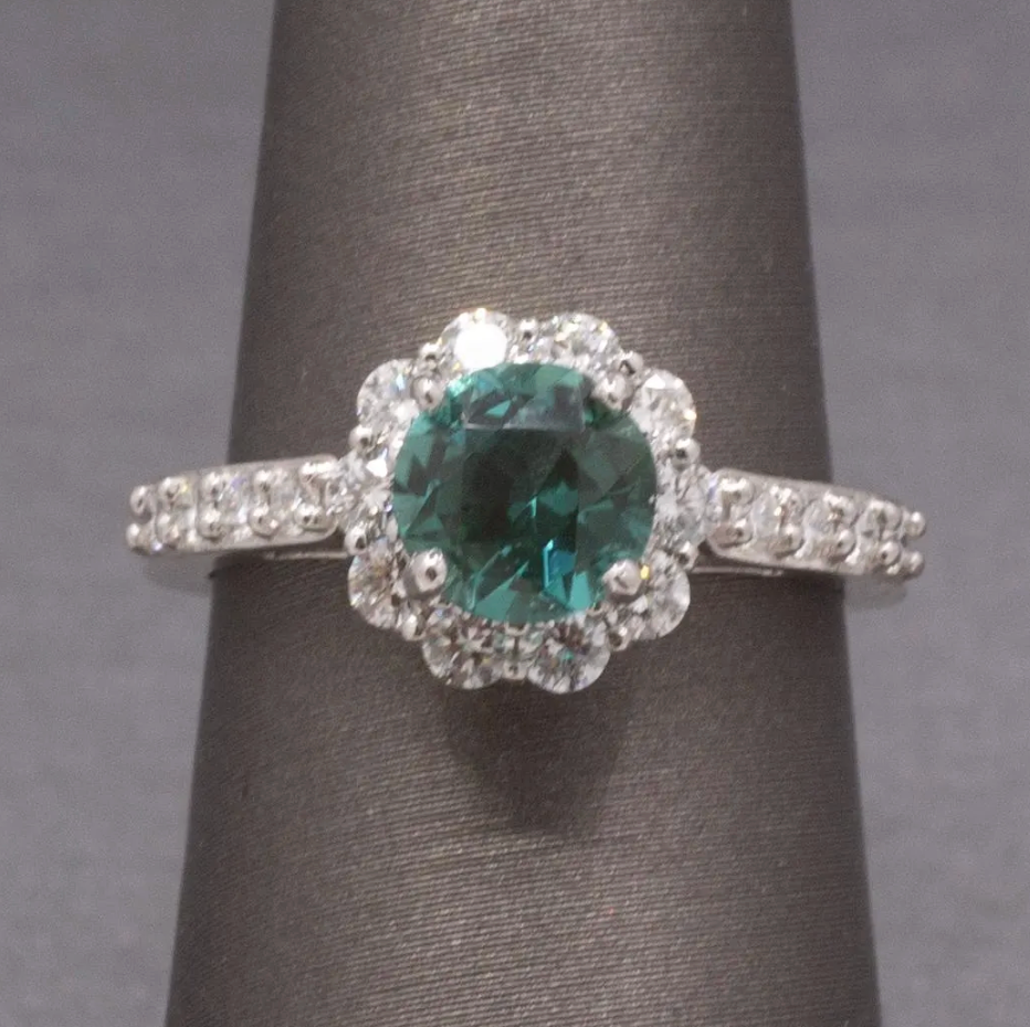 Handcrafted Lagoon Teal Tourmaline and Diamond Ring in 14k White Gold