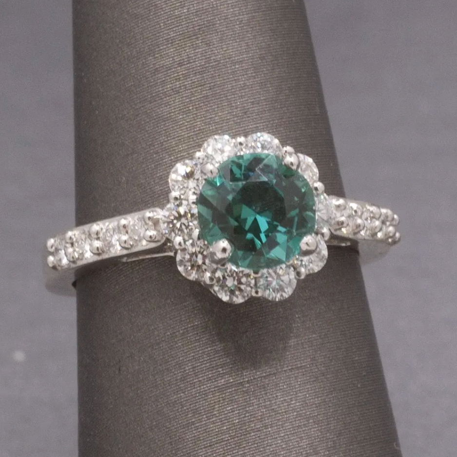 Handcrafted Lagoon Teal Tourmaline and Diamond Ring in 14k White Gold