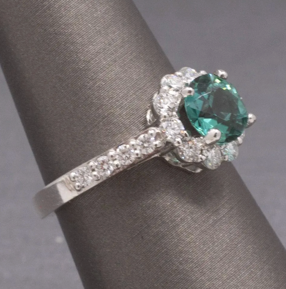Handcrafted Lagoon Teal Tourmaline and Diamond Ring in 14k White Gold