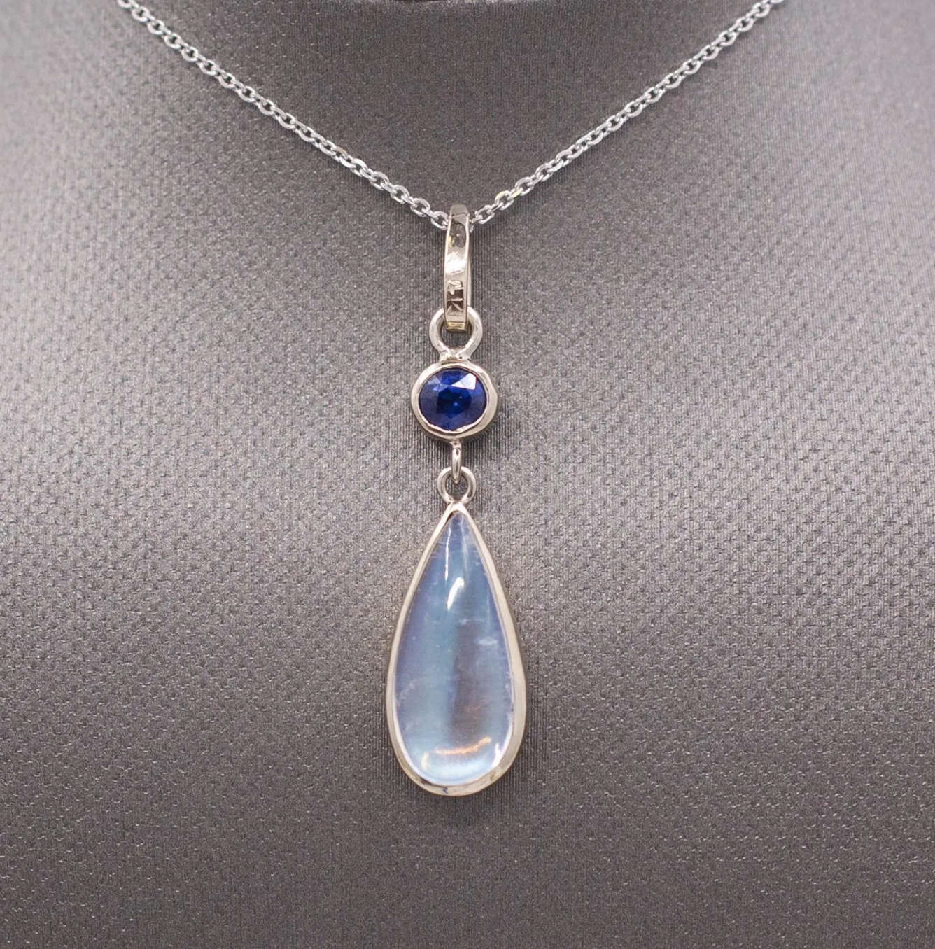 Handcrafted Blue Moonstone and Blue Sapphire Bezel Set Pendant Necklace in 14k White Gold