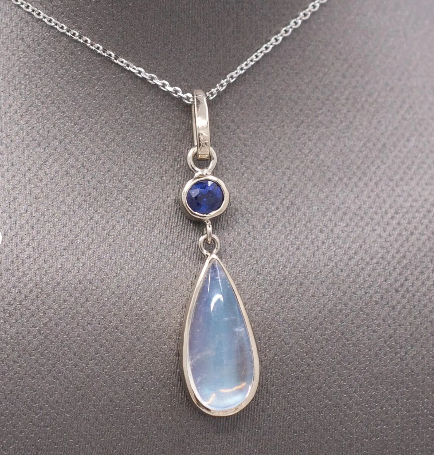 Handcrafted Blue Moonstone and Blue Sapphire Bezel Set Pendant Necklace in 14k White Gold