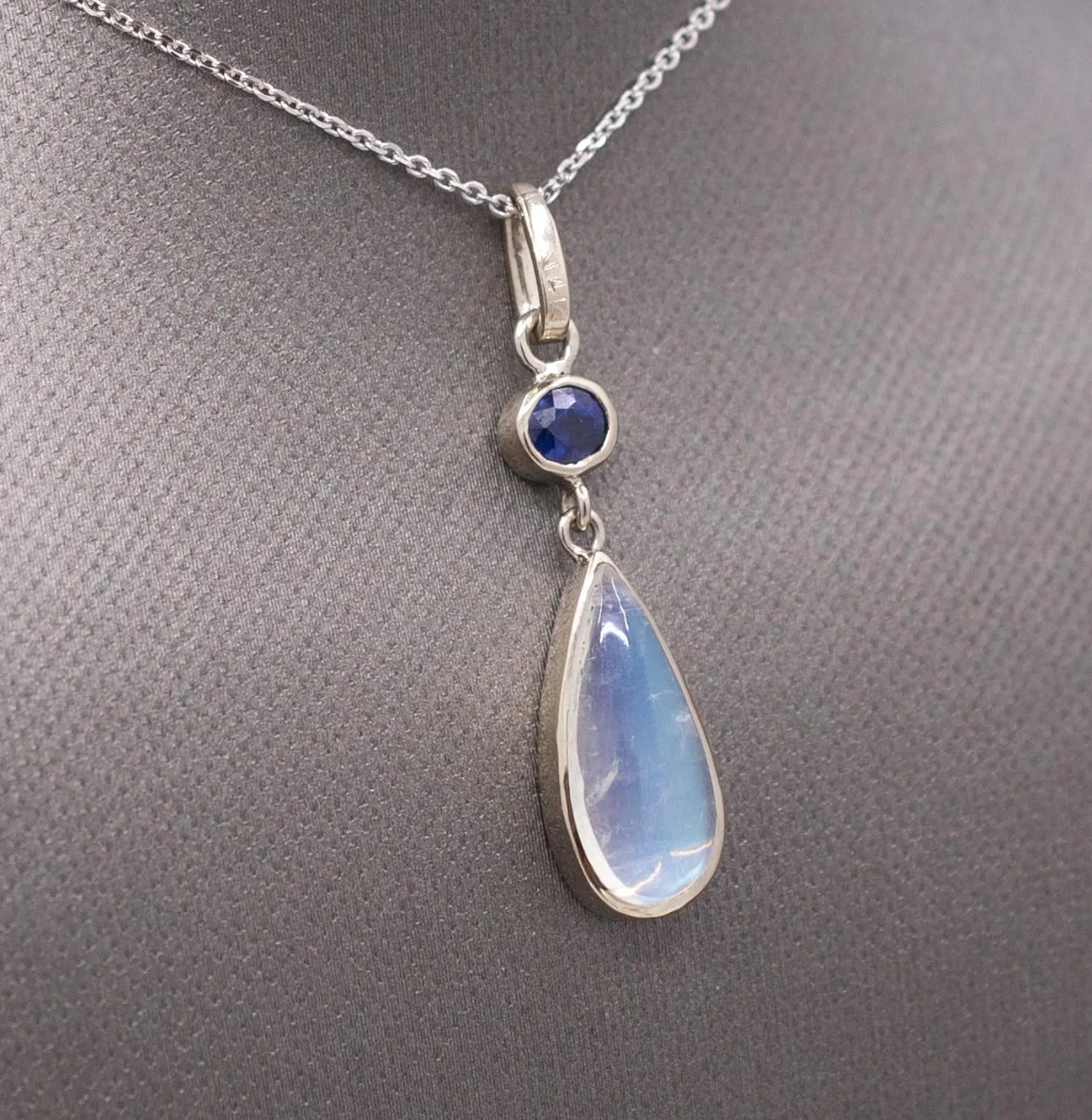 Handcrafted Blue Moonstone and Blue Sapphire Bezel Set Pendant Necklace in 14k White Gold