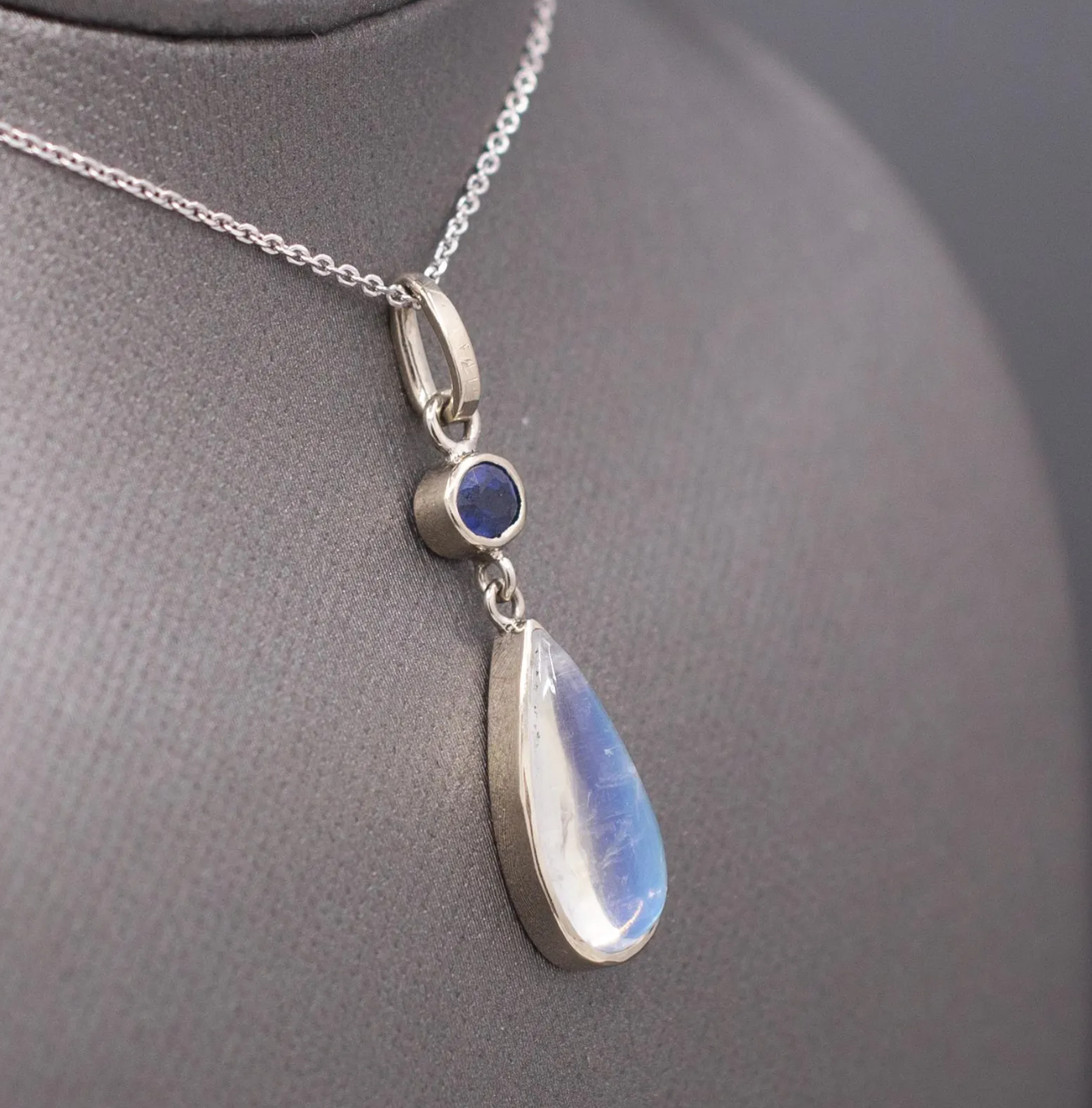 Handcrafted Blue Moonstone and Blue Sapphire Bezel Set Pendant Necklace in 14k White Gold