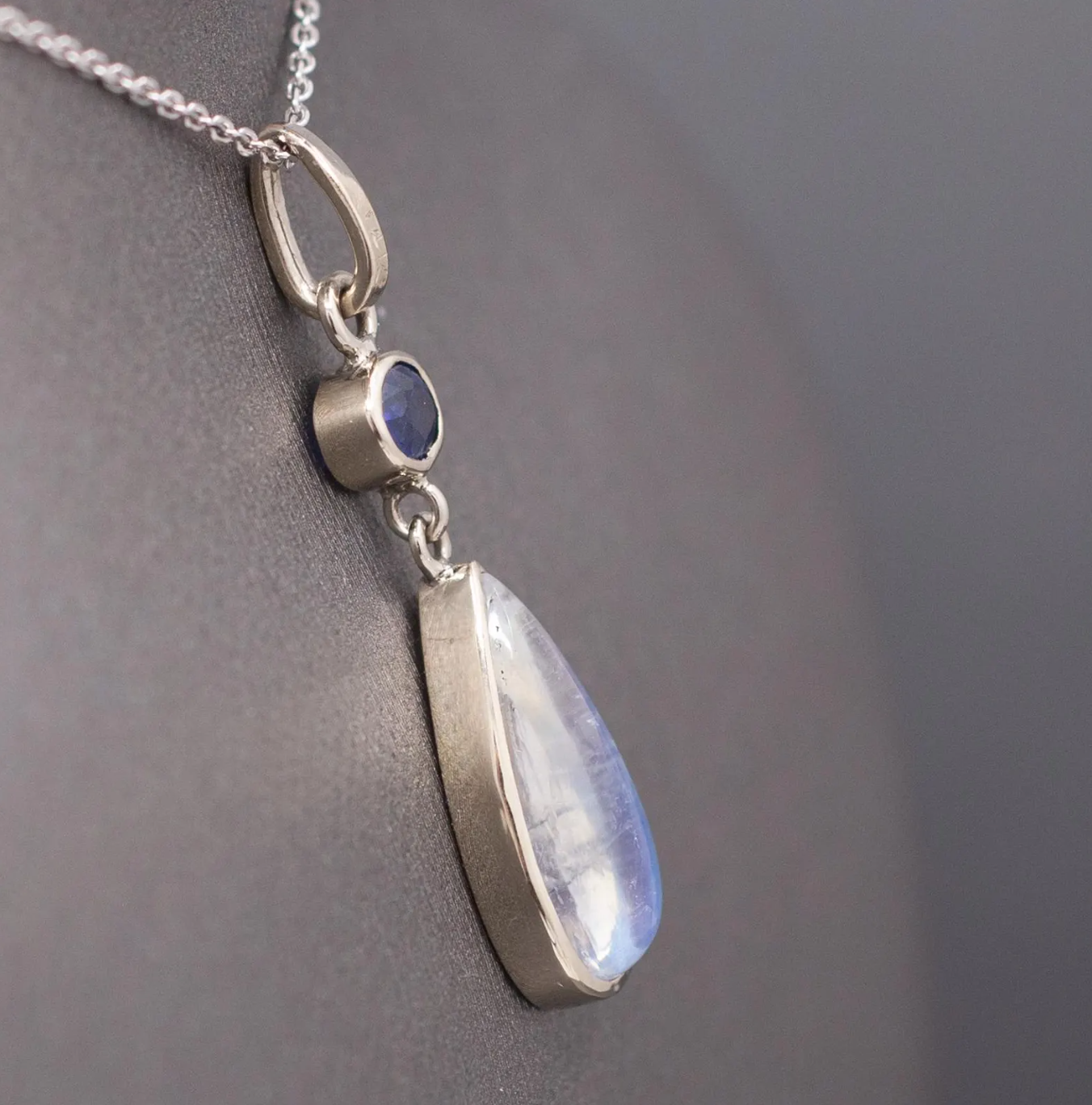 Handcrafted Blue Moonstone and Blue Sapphire Bezel Set Pendant Necklace in 14k White Gold