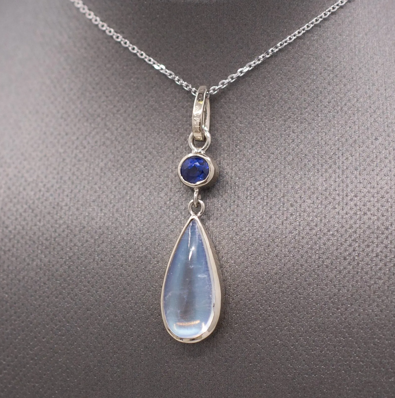 Handcrafted Blue Moonstone and Blue Sapphire Bezel Set Pendant Necklace in 14k White Gold
