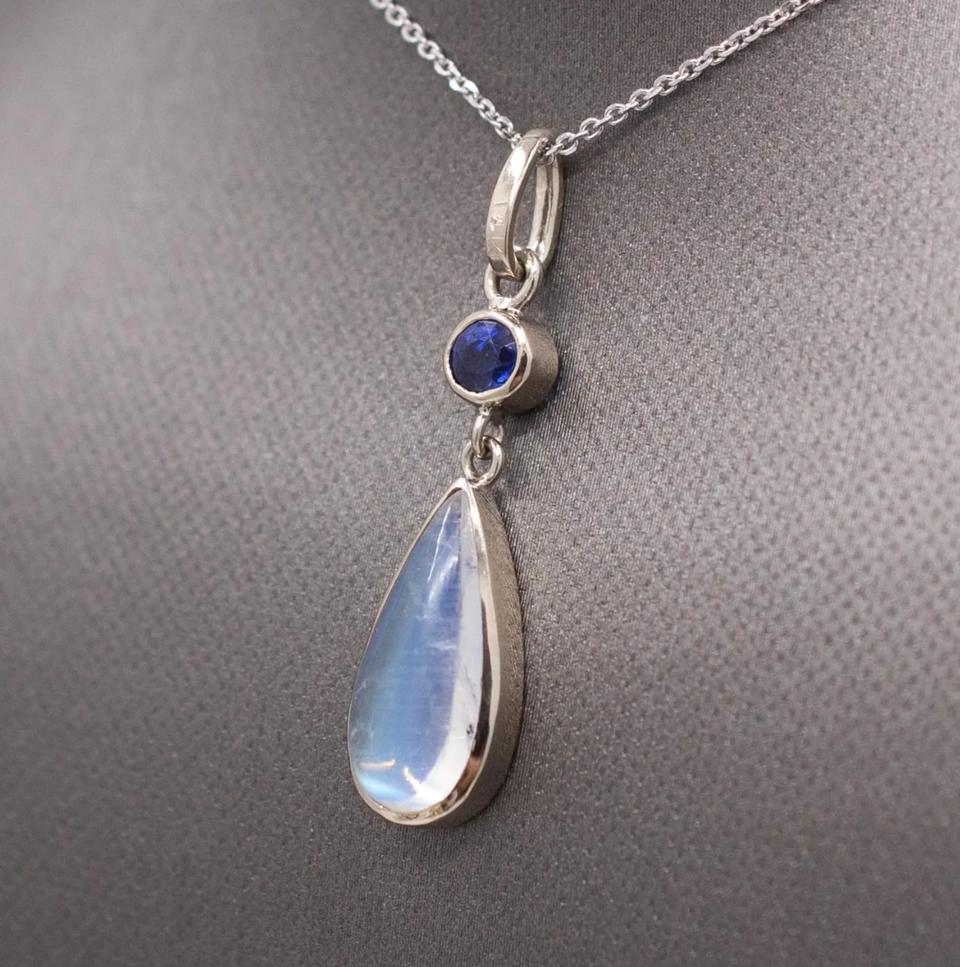 Handcrafted Blue Moonstone and Blue Sapphire Bezel Set Pendant Necklace in 14k White Gold
