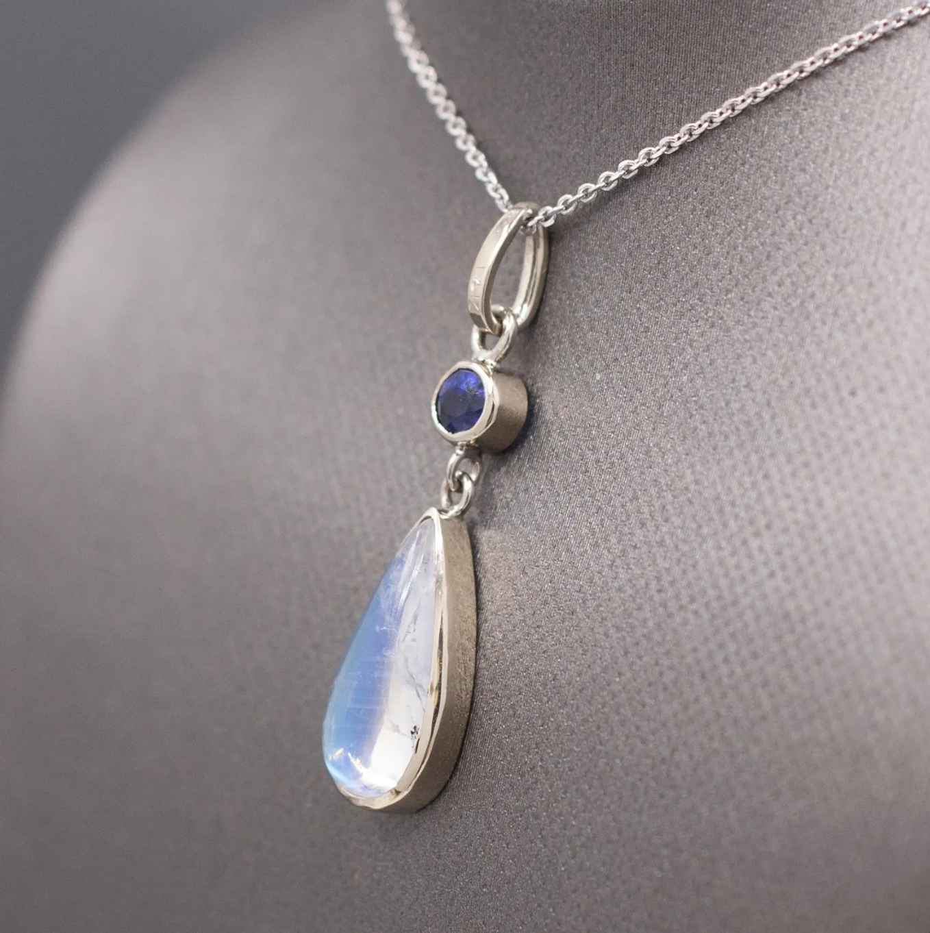 Handcrafted Blue Moonstone and Blue Sapphire Bezel Set Pendant Necklace in 14k White Gold