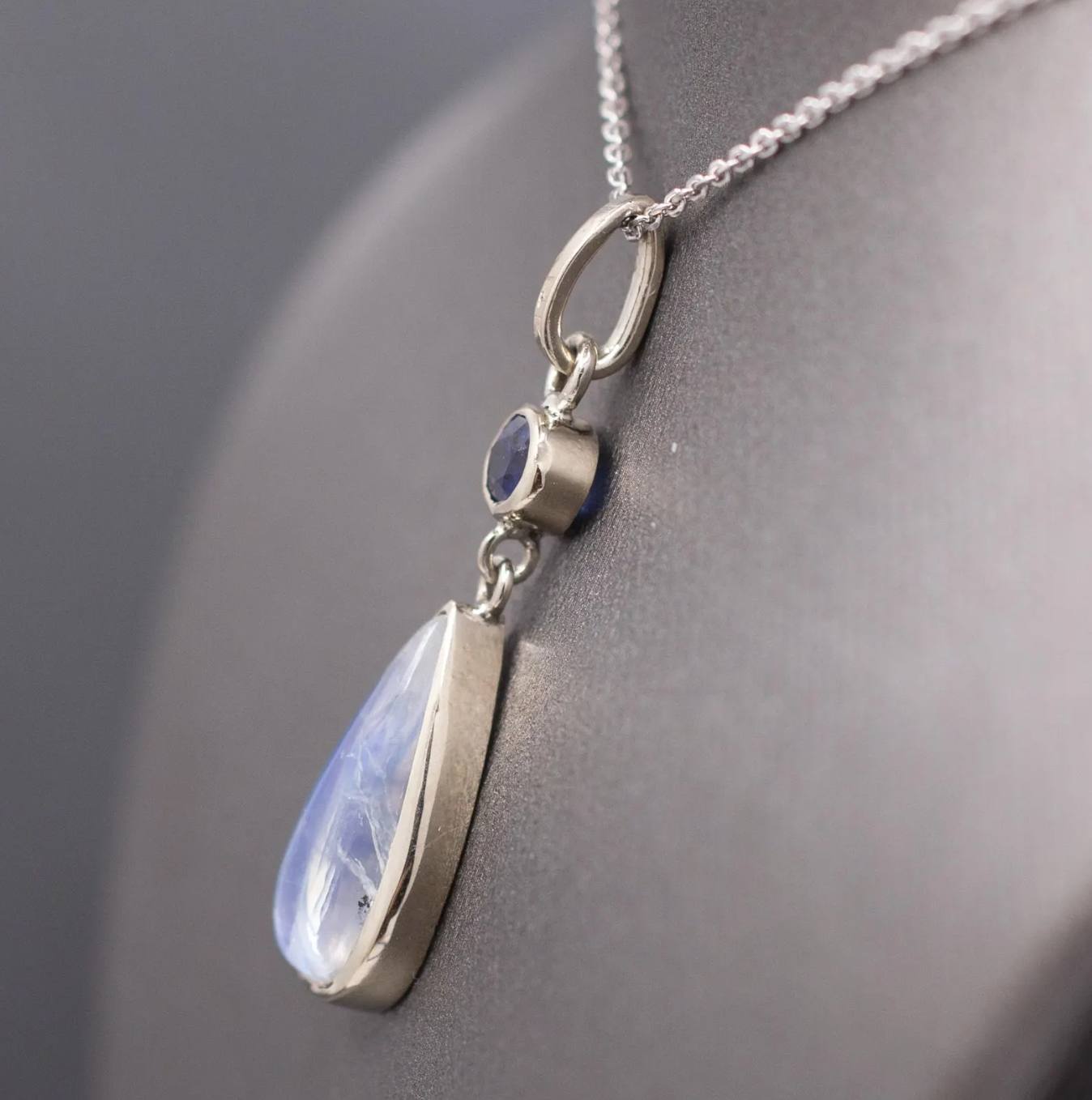 Handcrafted Blue Moonstone and Blue Sapphire Bezel Set Pendant Necklace in 14k White Gold