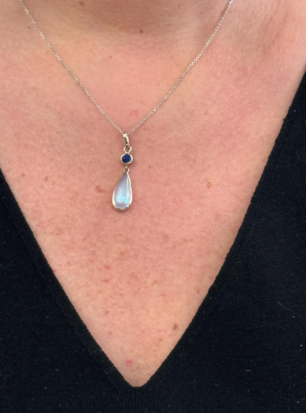 Handcrafted Blue Moonstone and Blue Sapphire Bezel Set Pendant Necklace in 14k White Gold