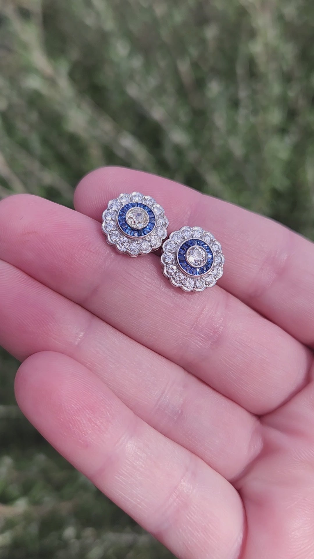Sparkling Old Mine Cut Diamond and Sapphire Stud Earrings in 14k White Gold