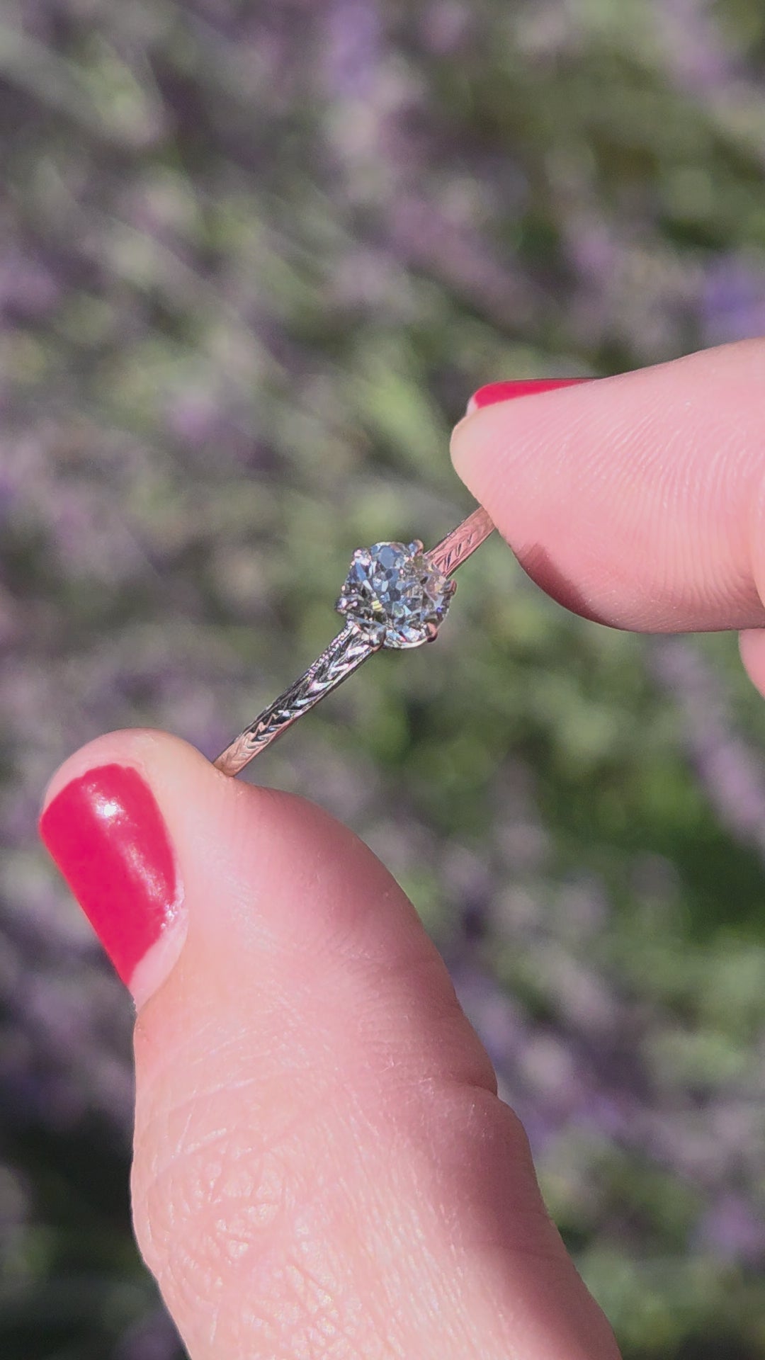 Art Deco Old Mine Cut Solitaire Ring with Engraved Shoulders in 14k White Gold
