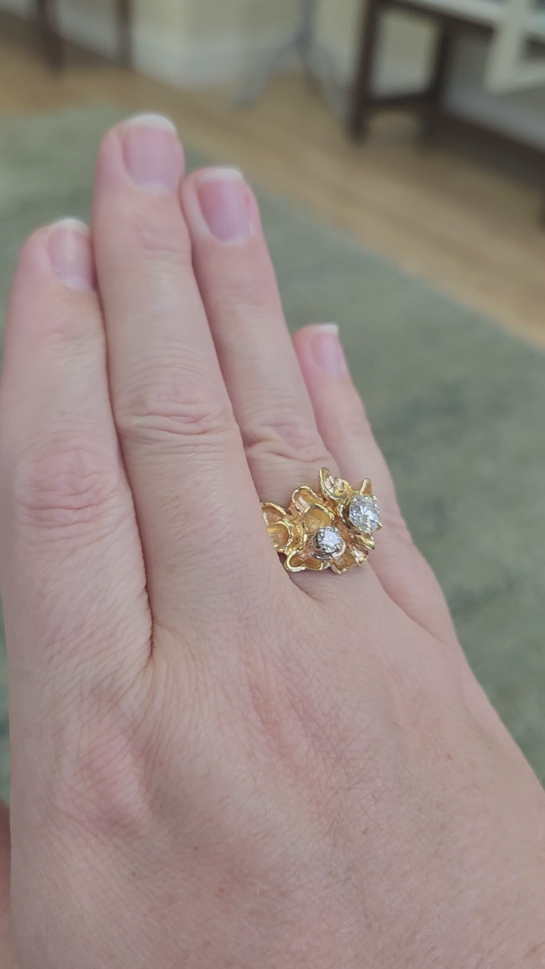 Unique Double Diamond Flower Petal Statement Ring in 14k Yellow Gold