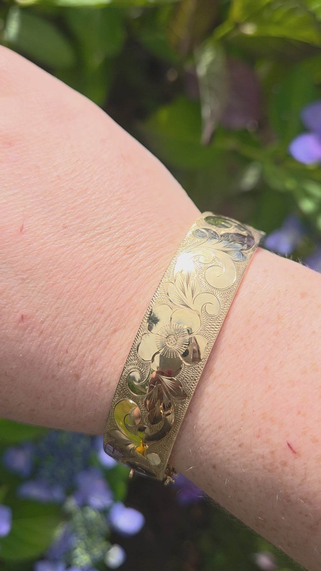 Vintage Floral Engraved Wide Bangle Bracelet in 9k Yellow Gold