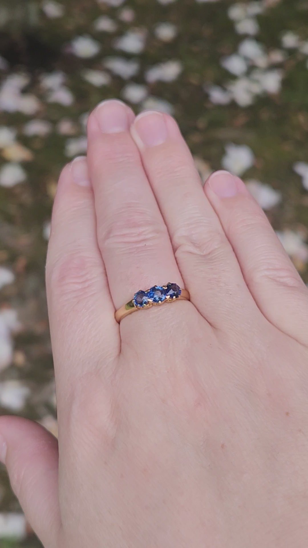 Antique Victorian Old Cut Blue Sapphire Three Stone Band Ring in 14k Yellow Gold