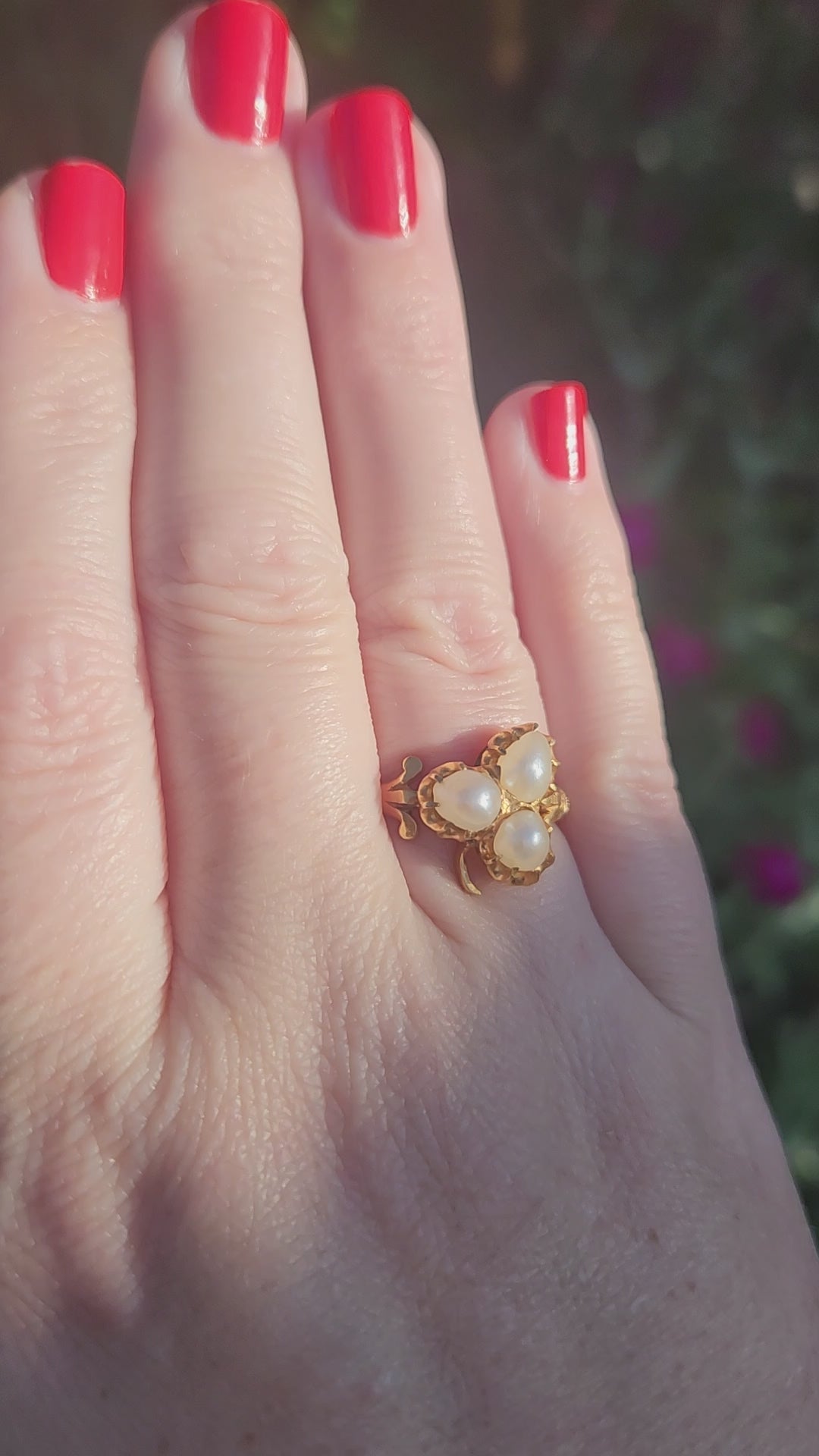 Antique Victorian Triple Pearl Clover Ring in 20k Yellow Gold
