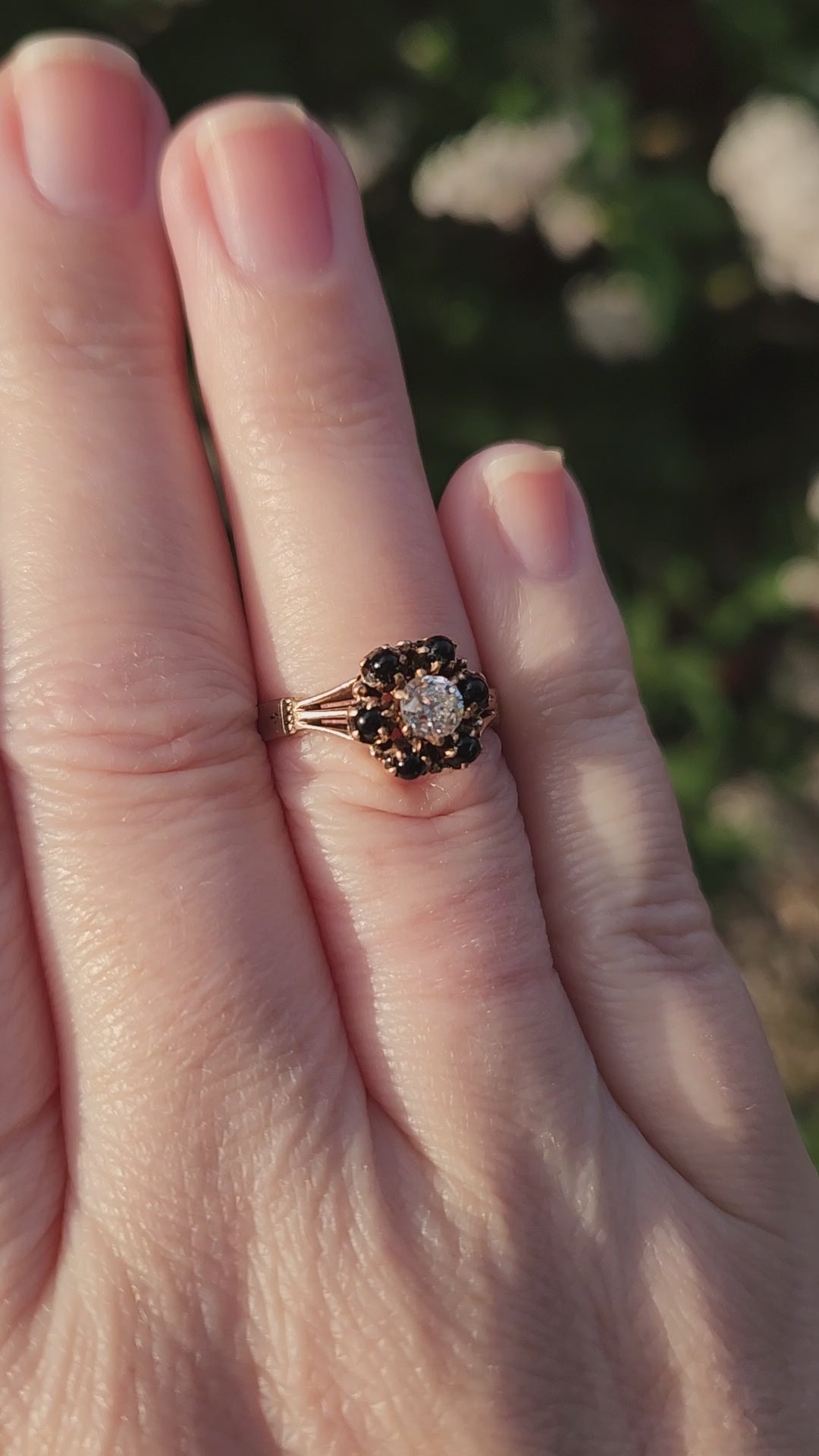 Victorian Old Mine Cut Diamond and Garnet Flower Engagement Ring in 14k Rose Gold