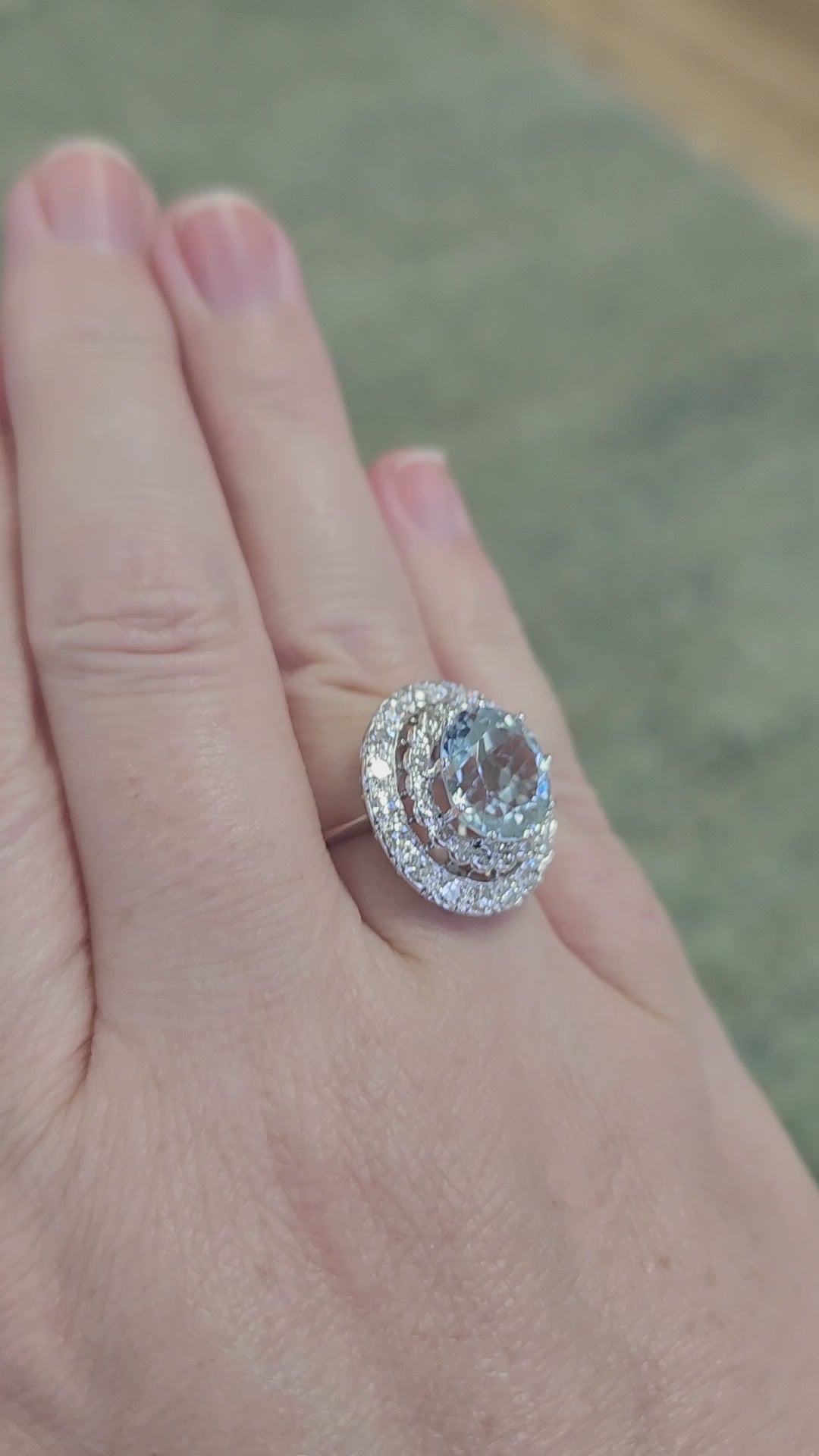 Vintage Sparkling Aquamarine and Double Diamond Halo Cocktail Ring in 18k White Gold