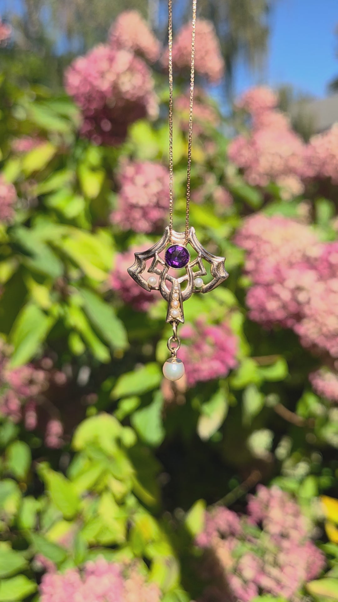 Victorian Amethyst and Pearl Drop Lavalier Necklace in 14k Yellow Gold