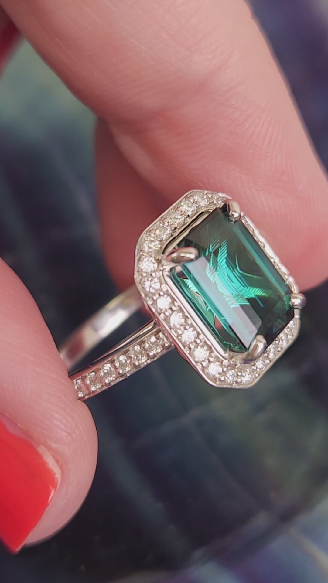 Spectacular Emerald Cut Lagoon Teal Indicolite Tourmaline and Diamond Ring in 14k White Gold
